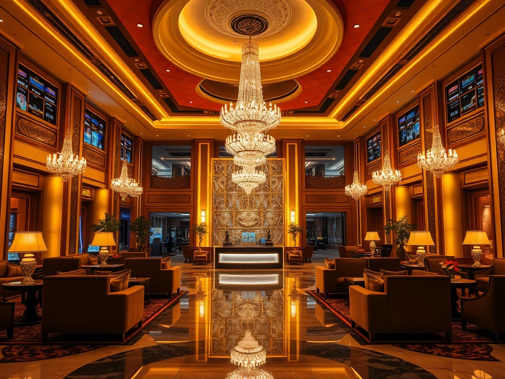 "Luxurious casino hotel lobby at night, warm golden lighting, elegant sofas, sparkling chandeliers, marble floors, welcoming concierge area, serene atmosphere"