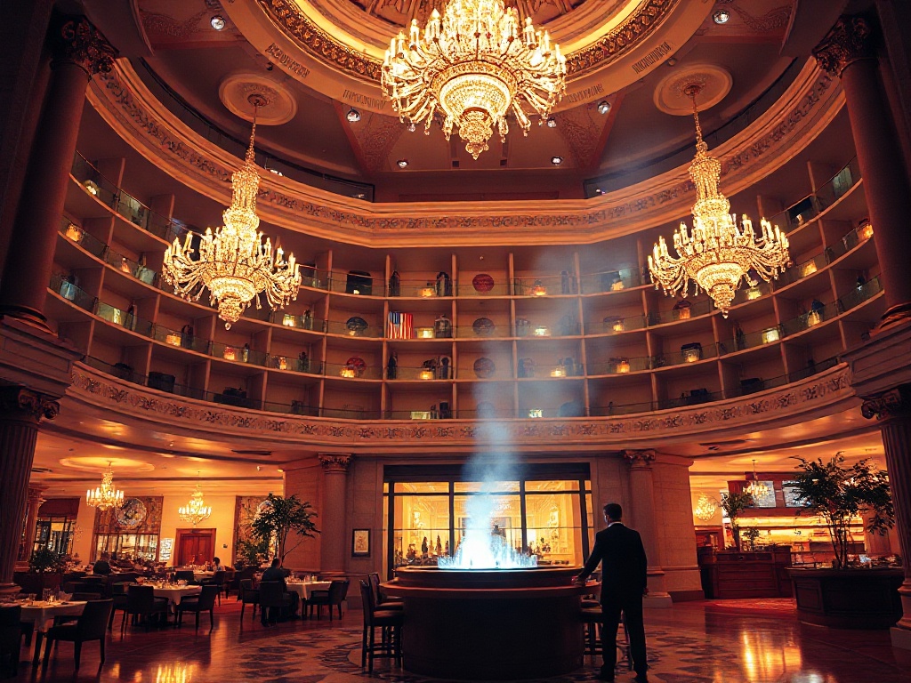 "Luxury casino hotel at night, glowing chandelier lobby, elegant suites window light, lavish spa steam, gourmet dining scene, vibrant entertainment lights, inviting concierge silhouette, warm cinematic glow." "