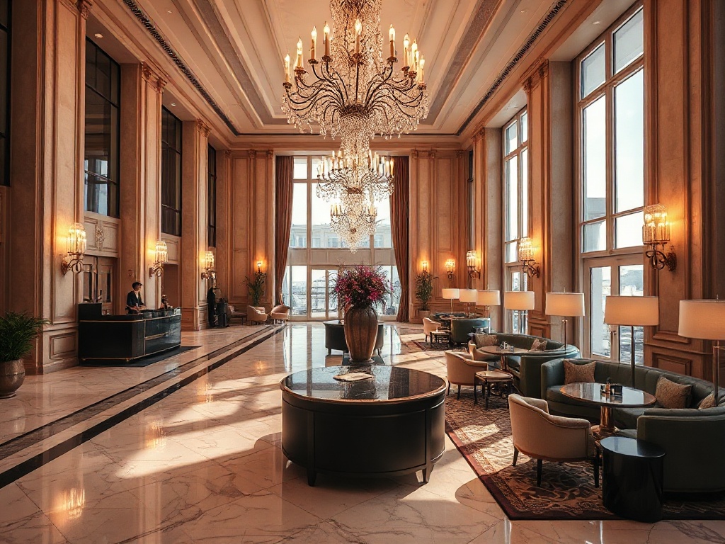 "Luxurious hotel lobby glowing chandeliers marble floors inviting seating panoramic windows soft warm lighting elegant check-in concierge service aroma of gourmet dining and calming spa"