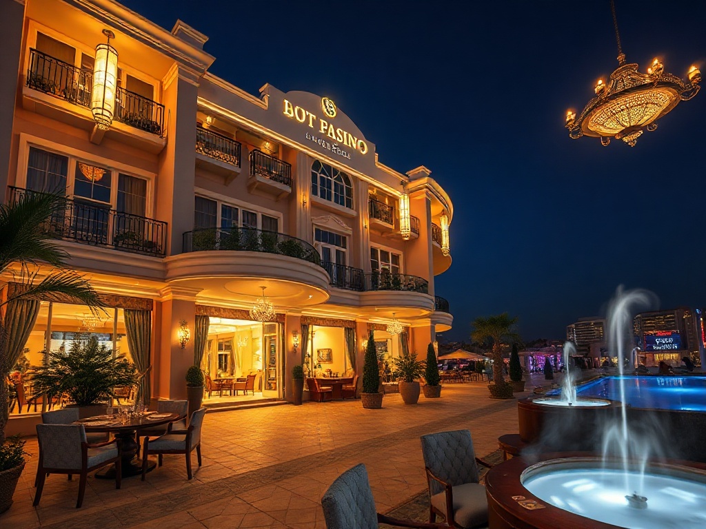 "Luxe casino hotel resort at night, illuminated entrance, elegant spacious balcony rooms, gourmet dining table, subtle glowing gaming lights, modern spa steam, warm hospitality atmosphere."