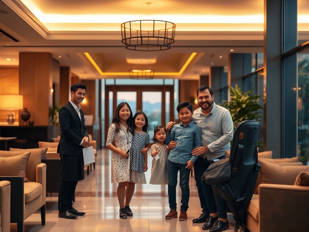 A warm modern hotel lobby at dusk, smiling staff welcoming a family, plush seating, soft golden lights, serene smiles. "