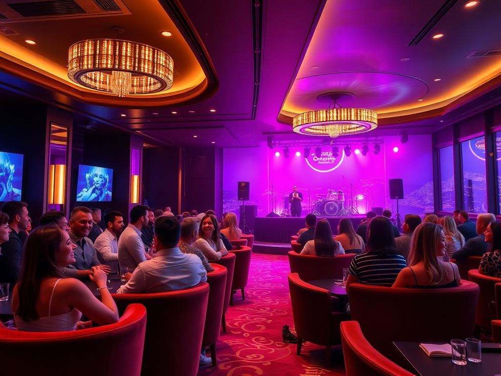 Modern casino hotel events lounge, elegant lighting, stylish guests laughing, live DJ stage in distance, velvet seating, warm ambiance, panoramic windows