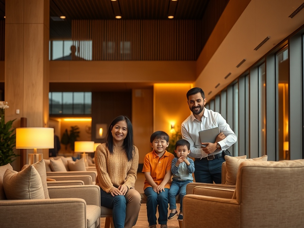 A warm modern hotel lobby at dusk, smiling staff welcoming a family, plush seating, soft golden lights, serene smiles. "