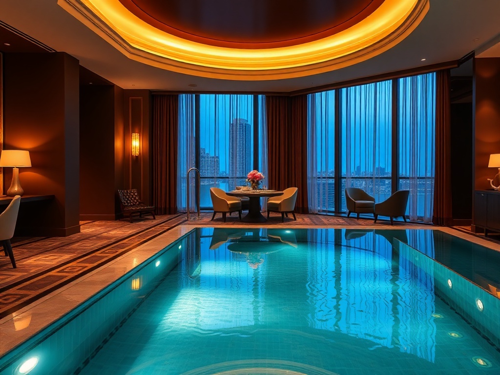 Modern casino hotel suite interior "soothing spa pool" "gourmet dining table" and "attentive concierge gesture" blended in warm resort lighting, luxury detail, inviting atmosphere.