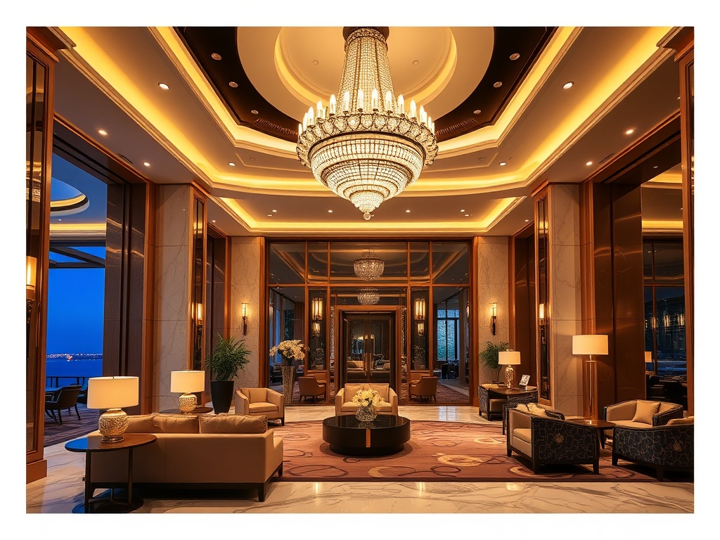 "modern luxury casino hotel hero scene" "glowing chandelier" "elegant lobby lounge" "sofa and marble finishes" "soft golden lighting" "cheerful resort atmosphere" "inviting wellness doorway" "nighttime city reflections"