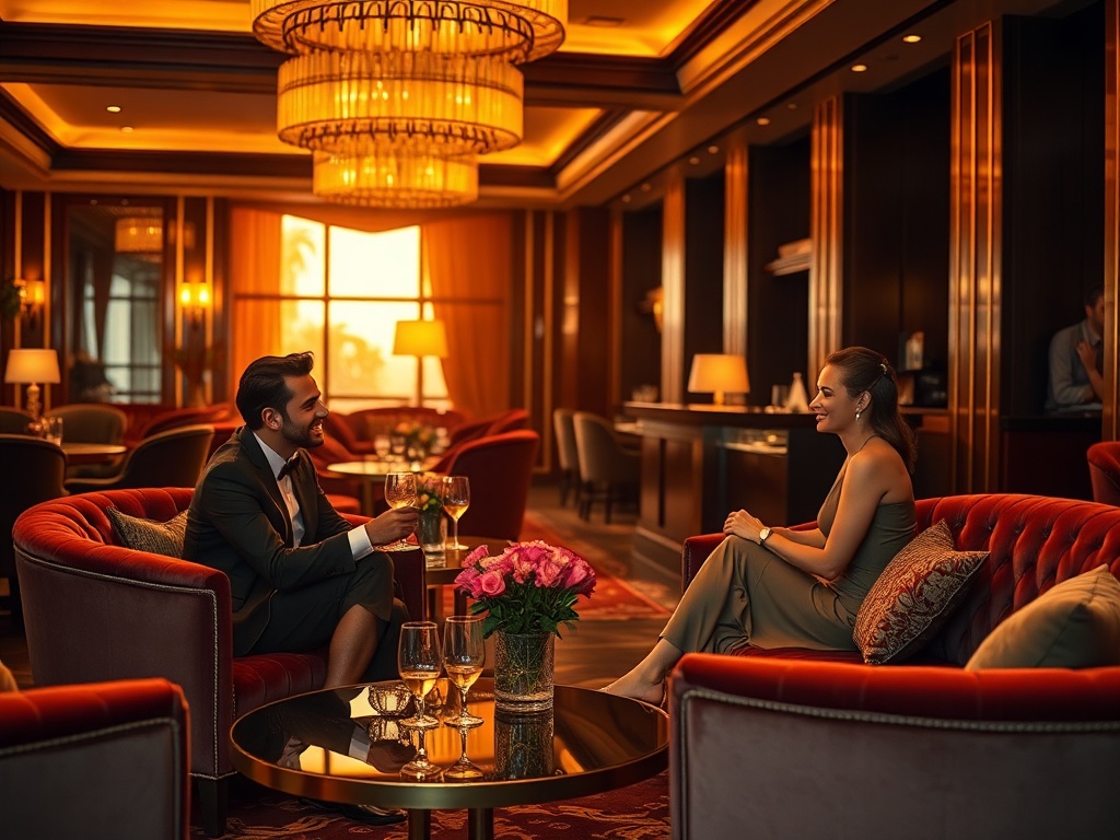 "luxury casino hotel lounge at golden hour, elegant couples chatting, smiling concierge, soft velvet sofas, warm lights, subtle casino ambience, wellness scent mood, cinematic."