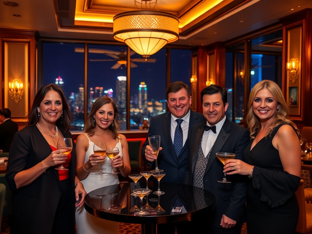 A warm, elegant casino hotel lounge at night; four well-dressed guests smiling; attentive staff presenting refreshments; soft lights, skyline views, lively ambiance.
