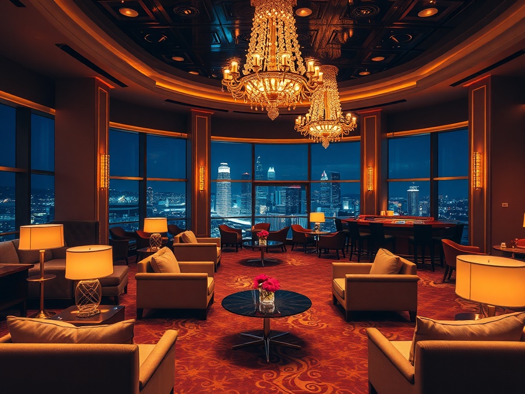 "luxury casino hotel lounge" with "warm ambient lighting" "plush seating" "sparkling chandeliers" "tranquil spa glow" "gold accents" "night skyline view"