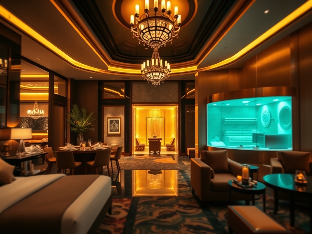 A luxurious casino hotel scene combining "elegant suite interior" "gourmet restaurant dining" "spa with glowing saunas" and "wellness lounge", warm lighting, modern decor, cinematic depth of field. "You MAY only use up to 25 words." "You MUST not include 