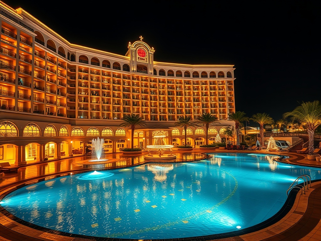 Elegant casino hotel at night with glowing suites windows, serene resort pool, gourmet dining glow, vibrant lights, luxurious atmosphere.