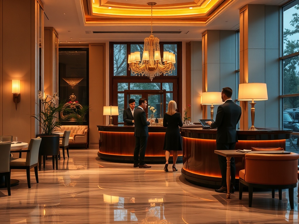 A warm hotel concierge greeting elegant guests in a luxurious lobby, with soft candlelit dining ambiance and serene spa glow blending.
