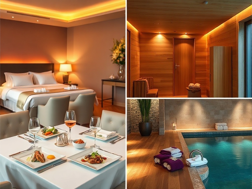 "luxury suite with warm lighting" "inviting restaurant table with gourmet dishes" "modern spa lounge with dry sauna and wet pool" "elegant guests smiling"