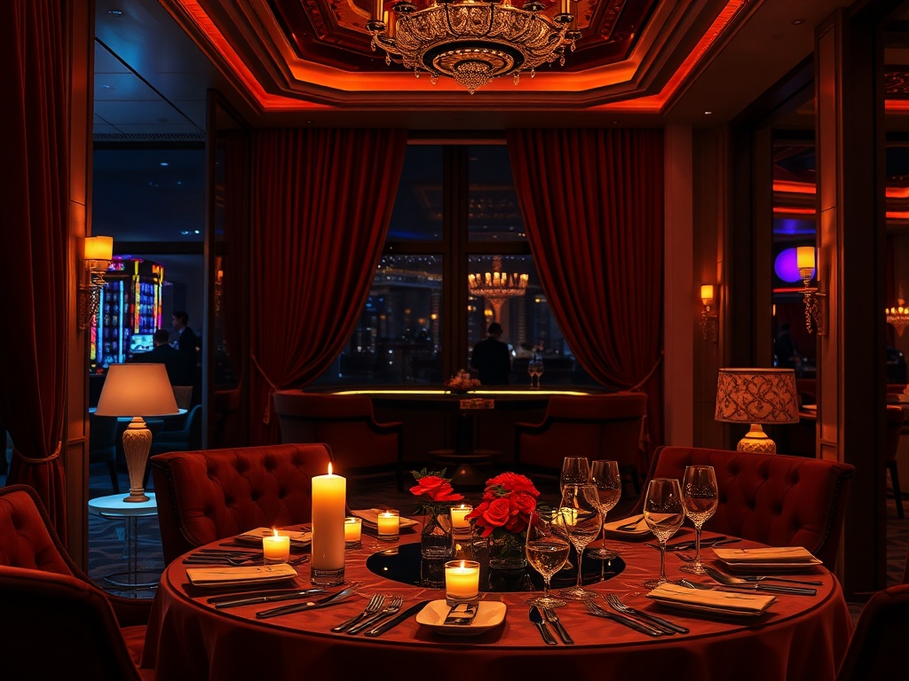 "Opulent casino hotel interior at night