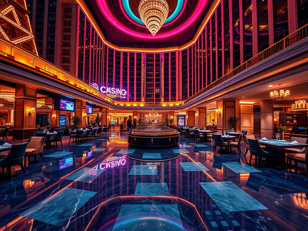"Luxury casino hotel resort at night, neon reflections on wet marble, elegant lounge seating, warm dining glow, modern spa steam, welcoming atmosphere, cinematic wide shot"