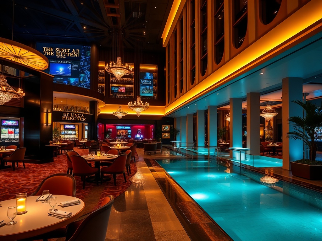 Luxurious casino hotel lobby at night, warm ambient lights, modern suites glimpsed, elegant dining table glow, serene spa pool reflections, velvet seating.