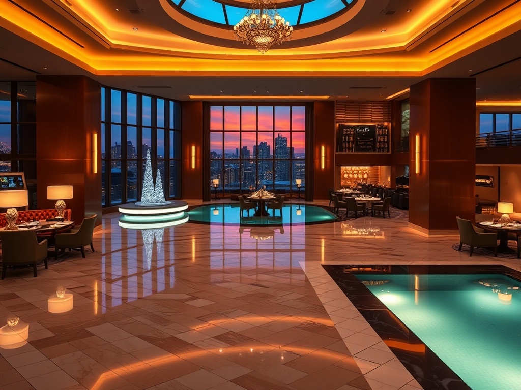 Modern casino hotel lobby at dusk, warm golden lighting, elegant lounge, marble floors, panoramic windows, chef-presented gourmet dining, serene spa pool glow, tasteful luxury atmosphere.