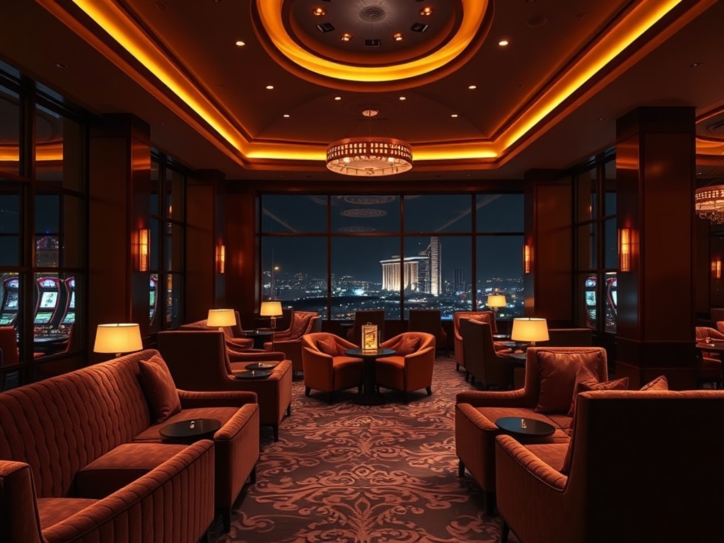 A luxurious casino hotel lounge at night, warm ambient lighting, elegant velvet seating, panoramic windows, distant gaming lights, serene wellness glow, cinematic realism.