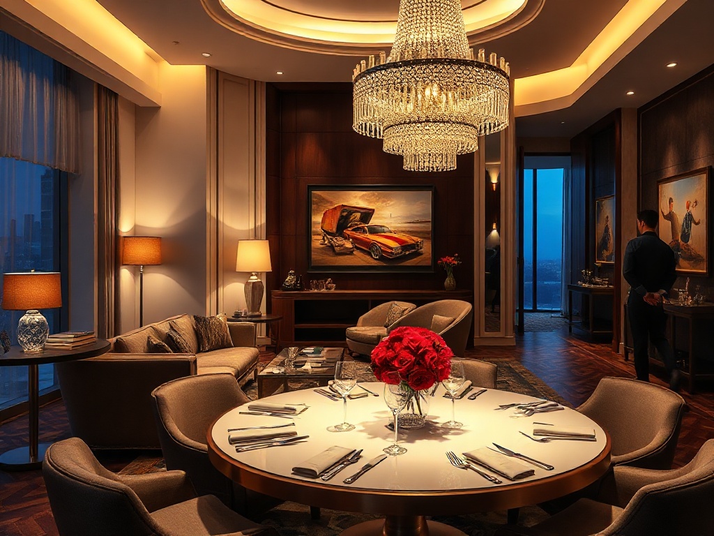 A luxurious casino hotel suite blending warm modern interiors “sofa” “bed” “soft lighting” with an adjacent elegant dining table “glowing chandelier” “attentive staff silhouette”