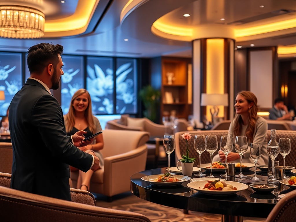 Modern casino hotel lounge, warm ambient lighting, elegant sofas, concierge-style staff greeting guests, guests smiling, gourmet dining plates on table, subtle wellness spa background, cinematic depth.