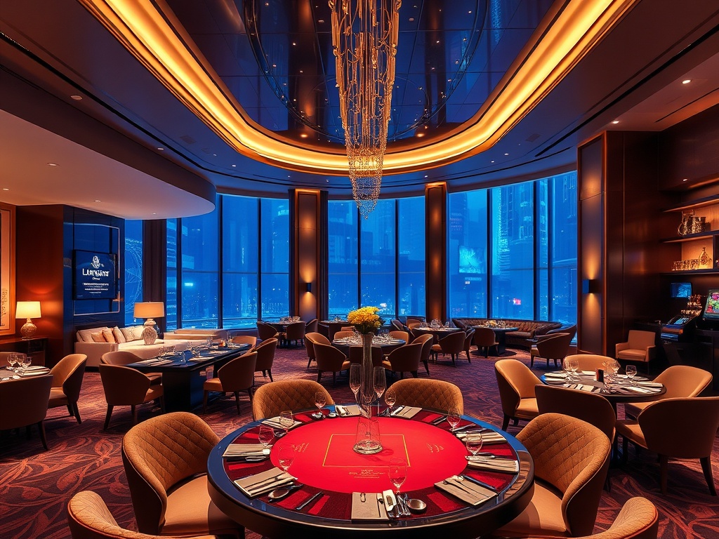 "luxe contemporary casino hotel interior" "glowing suites" "wellness spa area" "gourmet dining table" "subtle gaming lights" "stylish social lounge" "warm inviting atmosphere" "soft cinematic lighting"
