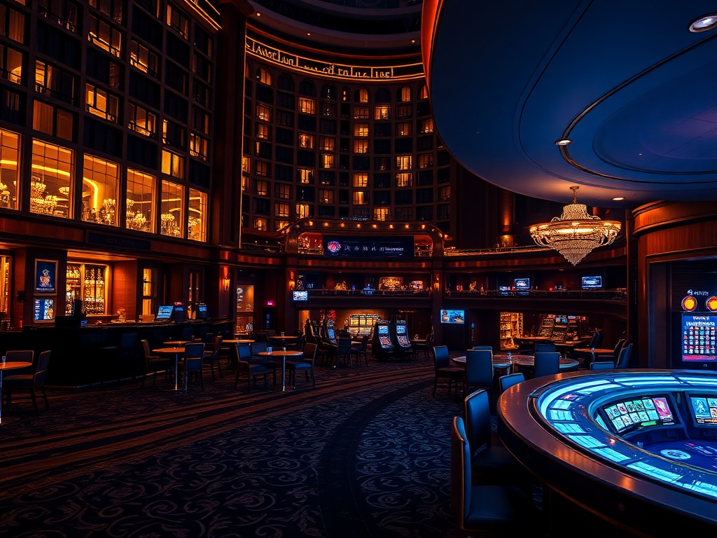 A luxurious casino hotel at night, glowing windows and warm lights, elegant suite lounge interior blending into a lively casino floor, bar lights, soft velvet textures, festive atmosphere, no people, cinematic lighting.