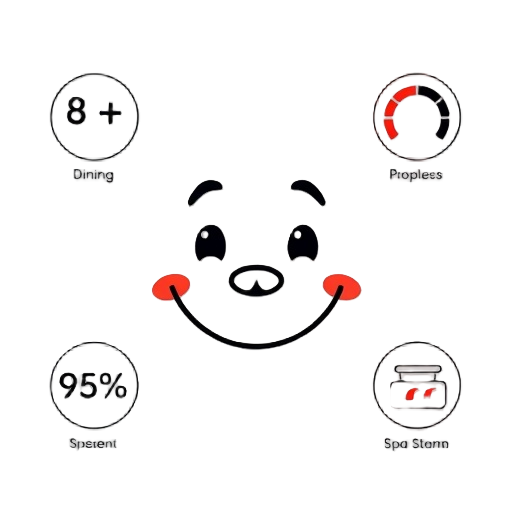"luxury hotel" "dining experience" "hospitality smile" with surrounding simple icons showing "8 plus" as eight dots, "95 percent" as near-full circular gauge, and small spa steam marks for relaxation, thick outline, centered composition, solid colors, hig