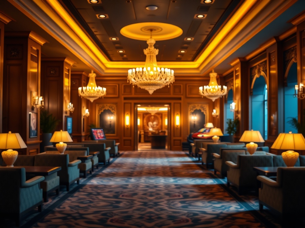 A luxurious casino hotel lobby at night, warm gold lighting, elegant sofas, softly glowing chandeliers, distant roulette ambiance, serene spa doorway, cinematic depth of field.