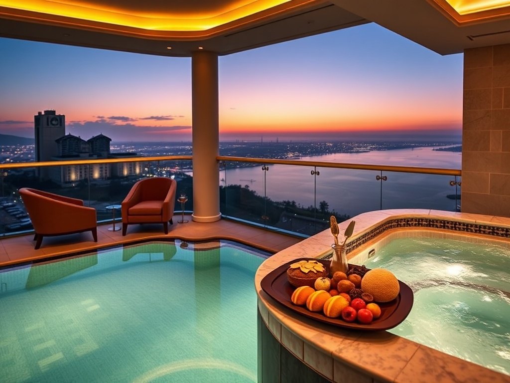 "luxury casino hotel suite balcony at dusk, soft velvet lounge chairs, shimmering indoor pool, spa steam, gourmet dessert platter, warm golden lighting, elegant atmosphere".
