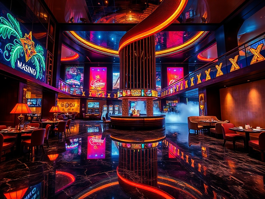 "Luxury casino hotel resort at night, neon reflections on wet marble, elegant lounge seating, warm dining glow, modern spa steam, welcoming atmosphere, cinematic wide shot"