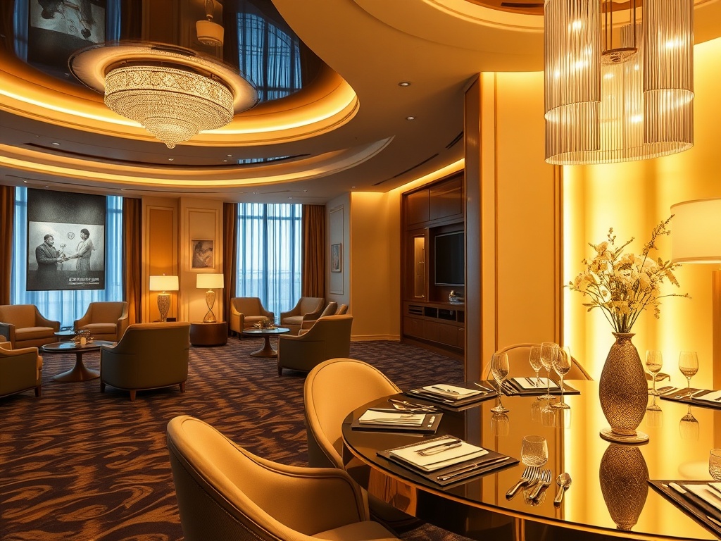 "luxury casino hotel interior" "elegant suite" "soft warm lighting" "relaxing lounge" "wellness spa glow" "gourmet dining table" "subtle golden casino ambiance"