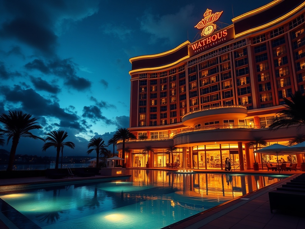 A glamorous casino hotel hero scene at night, "luxury suite windows" glowing, "silky pool lights" reflecting, "elegant lounge silhouettes", "distant lights" and "soft mist" for excitement.