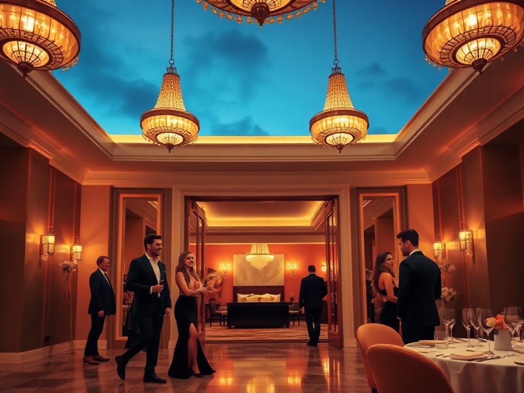 "luxury casino hotel lobby at dusk" "glowing chandeliers" "elegant guests in upscale attire smiling" "spacious suite doorway" "spa ambience with warm light" "fine dining table setting" "modern architecture" "cinematic lighting" "high-end atmosphere".