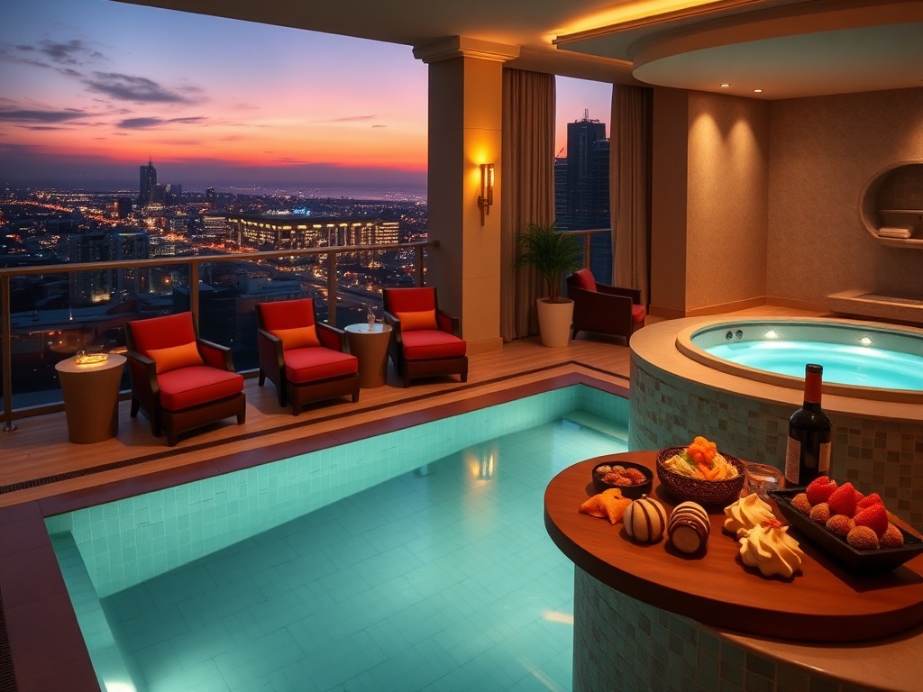 "luxury casino hotel suite balcony at dusk, soft velvet lounge chairs, shimmering indoor pool, spa steam, gourmet dessert platter, warm golden lighting, elegant atmosphere".