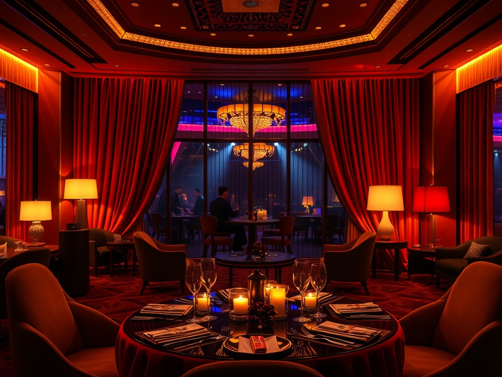 "Opulent casino hotel interior at night
