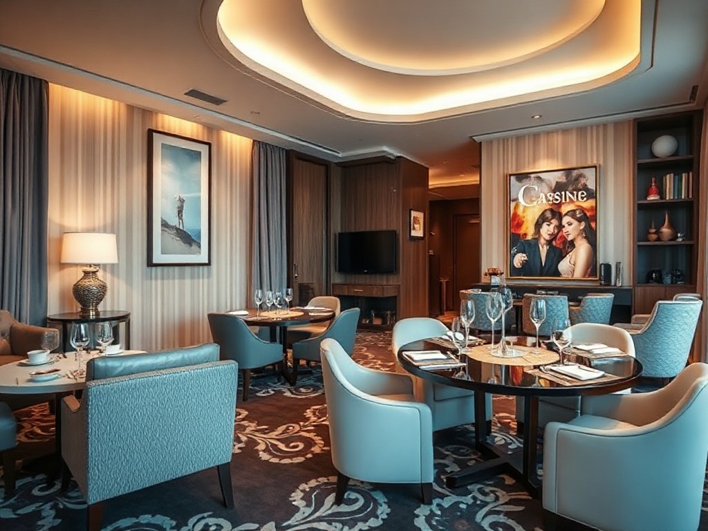 A luxurious casino hotel interior scene with elegant guest room suite, gourmet dining table, and modern leisure lounge, warm ambient lighting, subtle entertainment atmosphere.