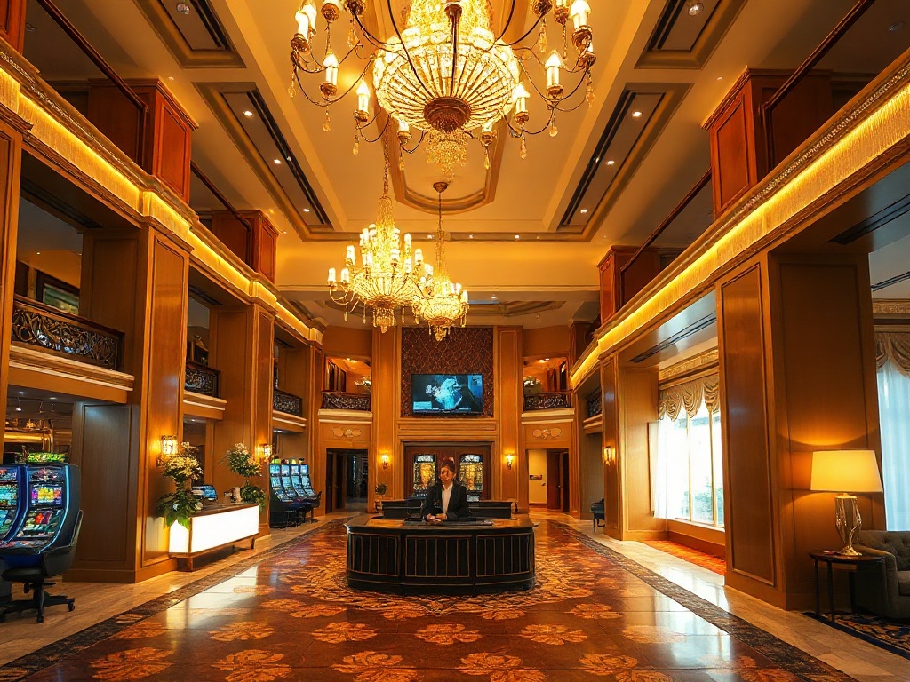 “luxury casino hotel lobby” “glowing chandeliers” “golden gaming lights” “elegant concierge desk” “inviting velvet lounge” “soft evening glow”