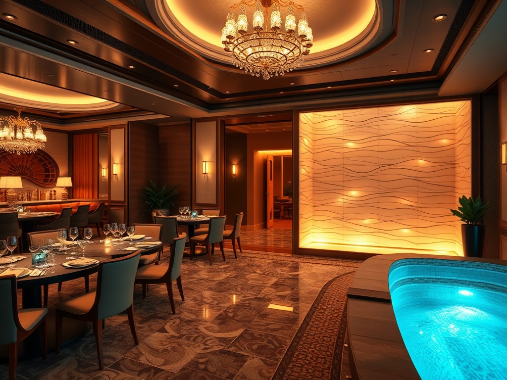 A luxurious casino hotel scene combining "elegant suite interior" "gourmet restaurant dining" "spa with glowing saunas" and "wellness lounge", warm lighting, modern decor, cinematic depth of field. "You MAY only use up to 25 words." "You MUST not include 