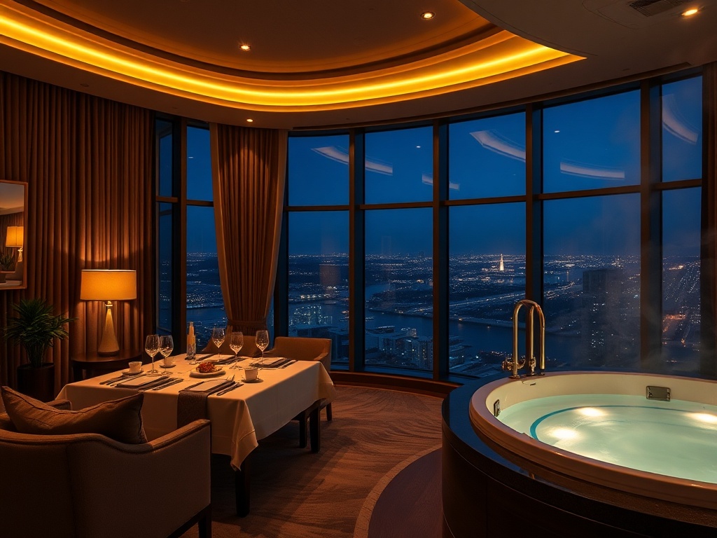 “Elegant suite at night with large windows, warm golden lighting, plush seating, fine dining table setting, and serene spa steam glow”