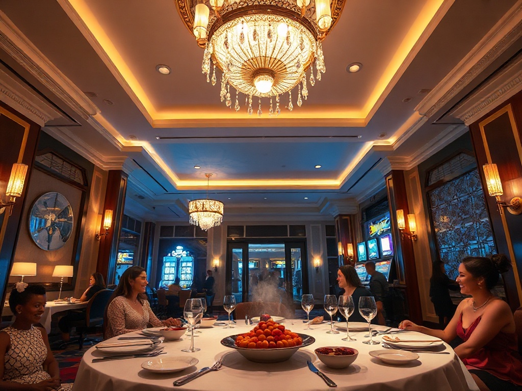 An elegant casino hotel scene with “glowing chandelier light” over “luxury suites,” “wellness spa steam,” “gourmet dining plates,” and “vibrant nightlife glow,” guests smiling.