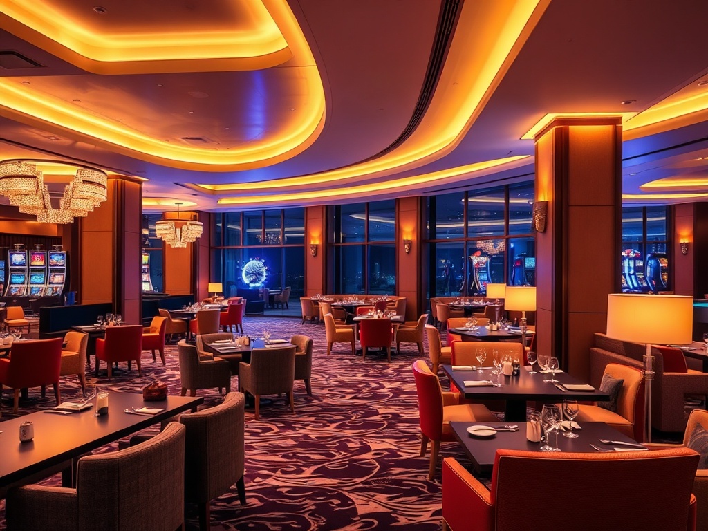 Modern casino hotel lounge with warm lighting, stylish seating, gourmet dining table, subtle wellness spa glow, distant entertainment ambience, inviting resort luxury, no people, ultra-detailed.