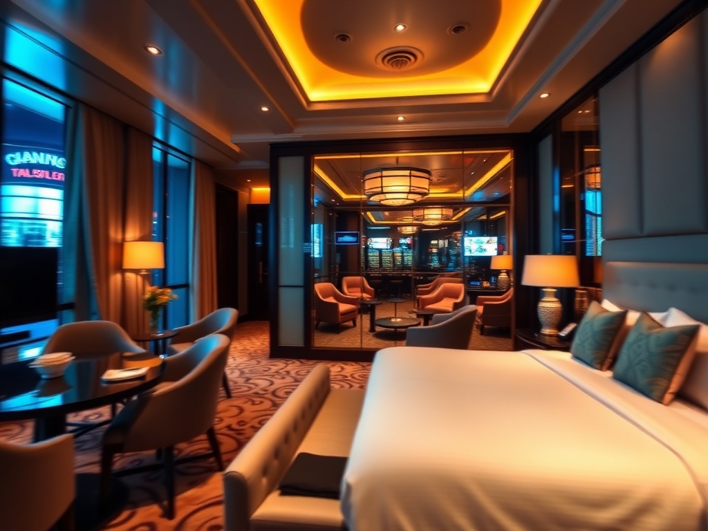 "Luxury casino hotel interior" "elegant suite bedroom with plush bed" "warm ambient lighting" "gourmet dining table" "stylish lounge" "casino lights and soft motion blur" "inviting atmosphere"