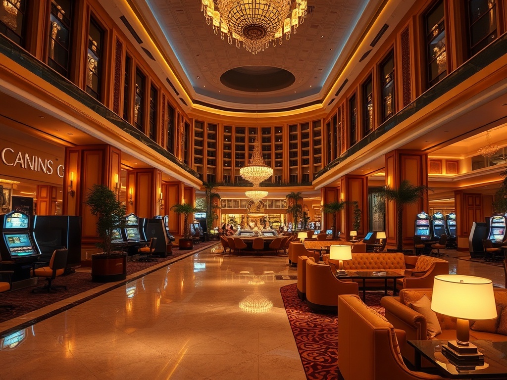 Elegant casino hotel lobby at night, warm golden lighting, plush lounge sofas, subtle gaming glow, resort pool reflections, luxurious ambience, attentive service mood.