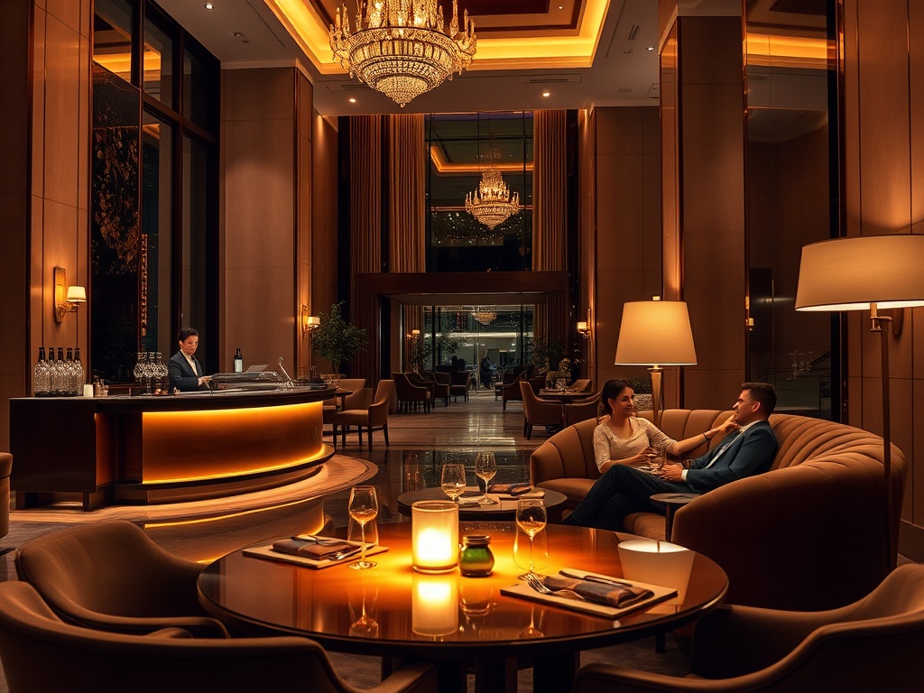 Elegant hotel lobby at night, warm ambient lighting, smiling staff offering concierge service, couple relaxing on plush sofa, gourmet dining table glowing, upscale ambiance.