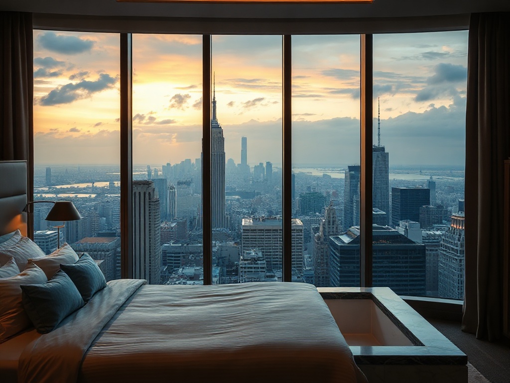 Luxurious hotel suite window view of a serene city skyline, plush king bed, soft ambient lighting, marble spa bath glow, warm hospitality atmosphere.