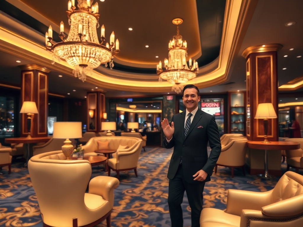 "Elegant casino hotel lobby at night" "warm chandelier glow" "silk sofas" "golden accents" "smiling concierge gesture" "soft ambient lighting" "blurred roulette glow in distance" "luxury, relaxed atmosphere"