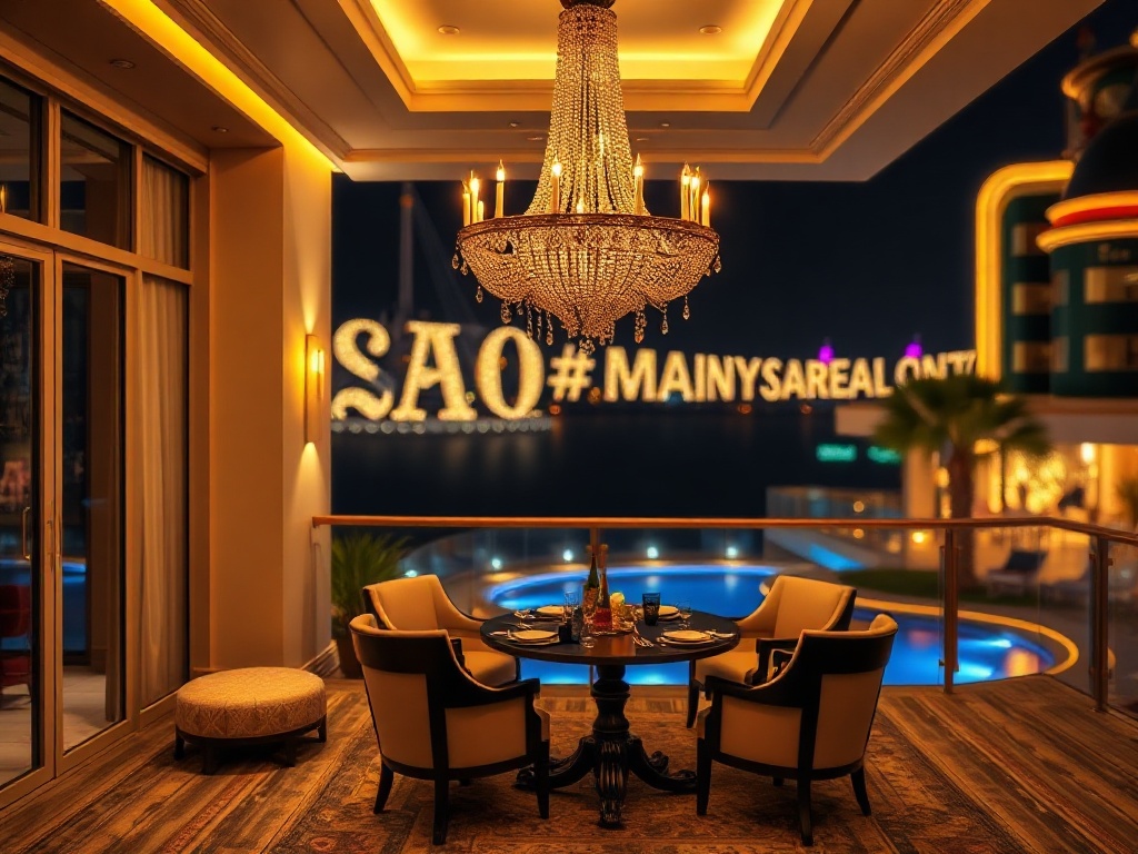 A glamorous casino hotel suite balcony at night, warm golden lighting, plush lounge chairs, sparkling chandelier, gourmet dining table, subtle pool lights, lively entertainment in bokeh.