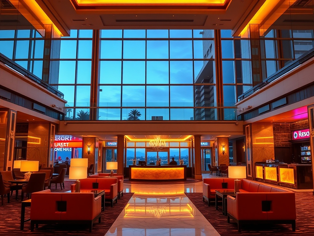 "Modern casino hotel lobby at dusk, warm ambient lighting, elegant seating, marble and glass, subtle neon reflections, smiling concierge, inviting resort vibe"