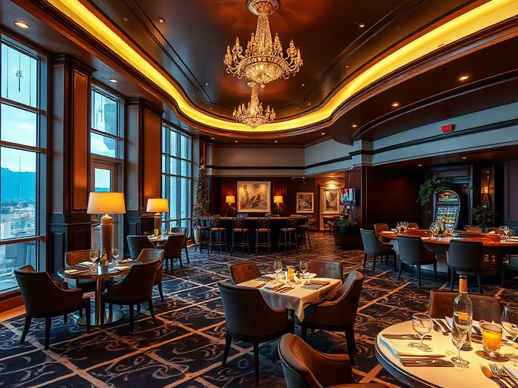 "luxurious casino hotel lobby with warm lighting and elegant decor" "tasteful guest suite window view" "gourmet dining table" "subtle entertainment ambiance" "inviting atmosphere"