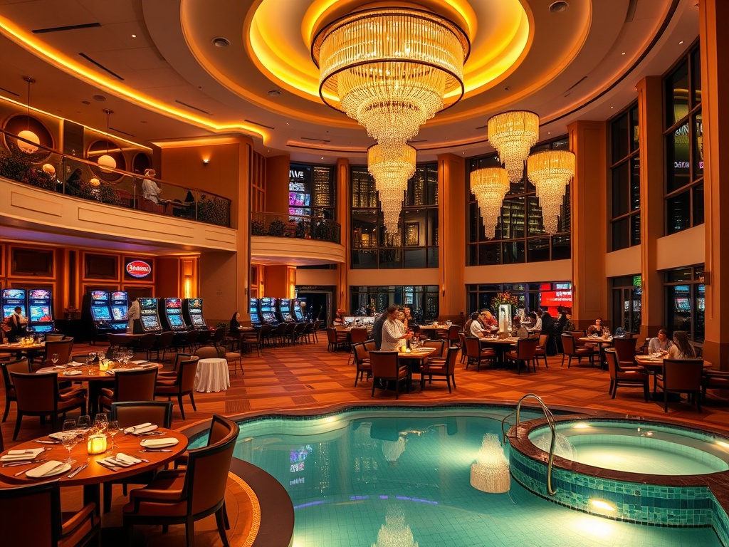 Modern luxury casino hotel resort interior, warm ambient lighting, elegant lounge seating, gourmet dining tables, spa pool glow, vibrant nightlife atmosphere, guests smiling"