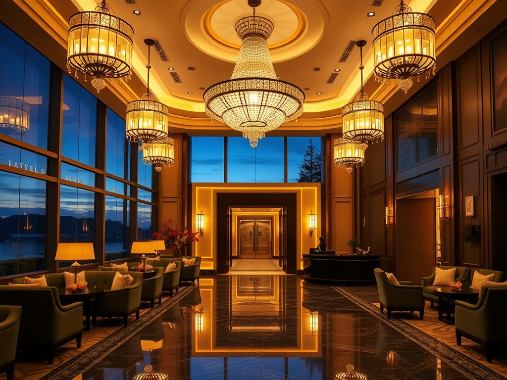 "Luxury casino hotel lobby at twilight, glowing chandeliers, plush seating, elegant check-in desk, soft golden lighting, serene wellness spa doorway, tasteful ambiance"